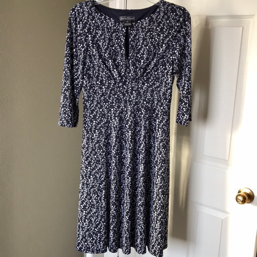 Jessica Howard 3/4 Sleeves Navy Blue Floral Dress 8P